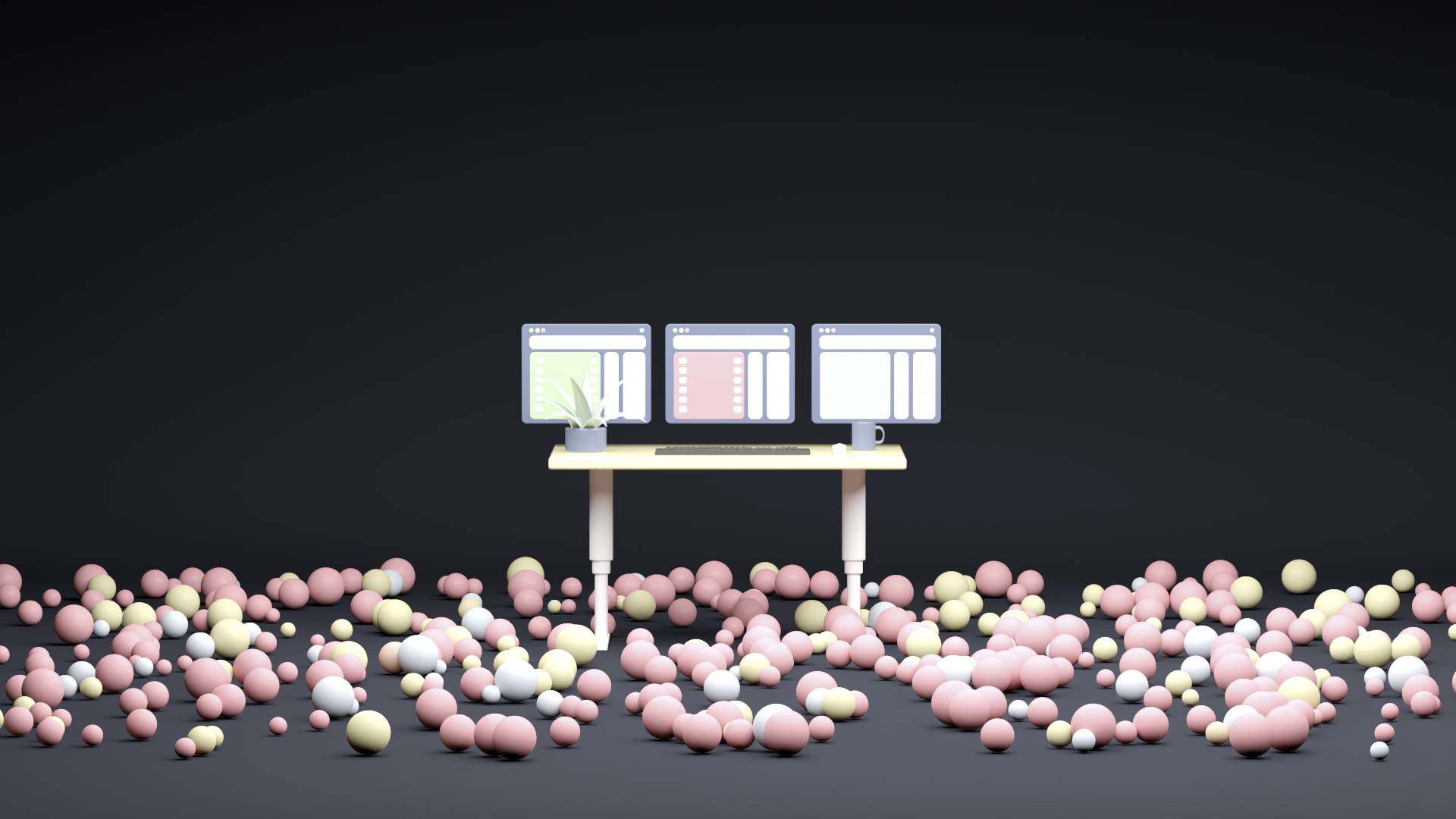 A co-worker enters the workspace represented by a height-adjustable desktop. The co-worker uses an e-scooter. In the room, there are numerous rolling balls representing itesign-developed apps.